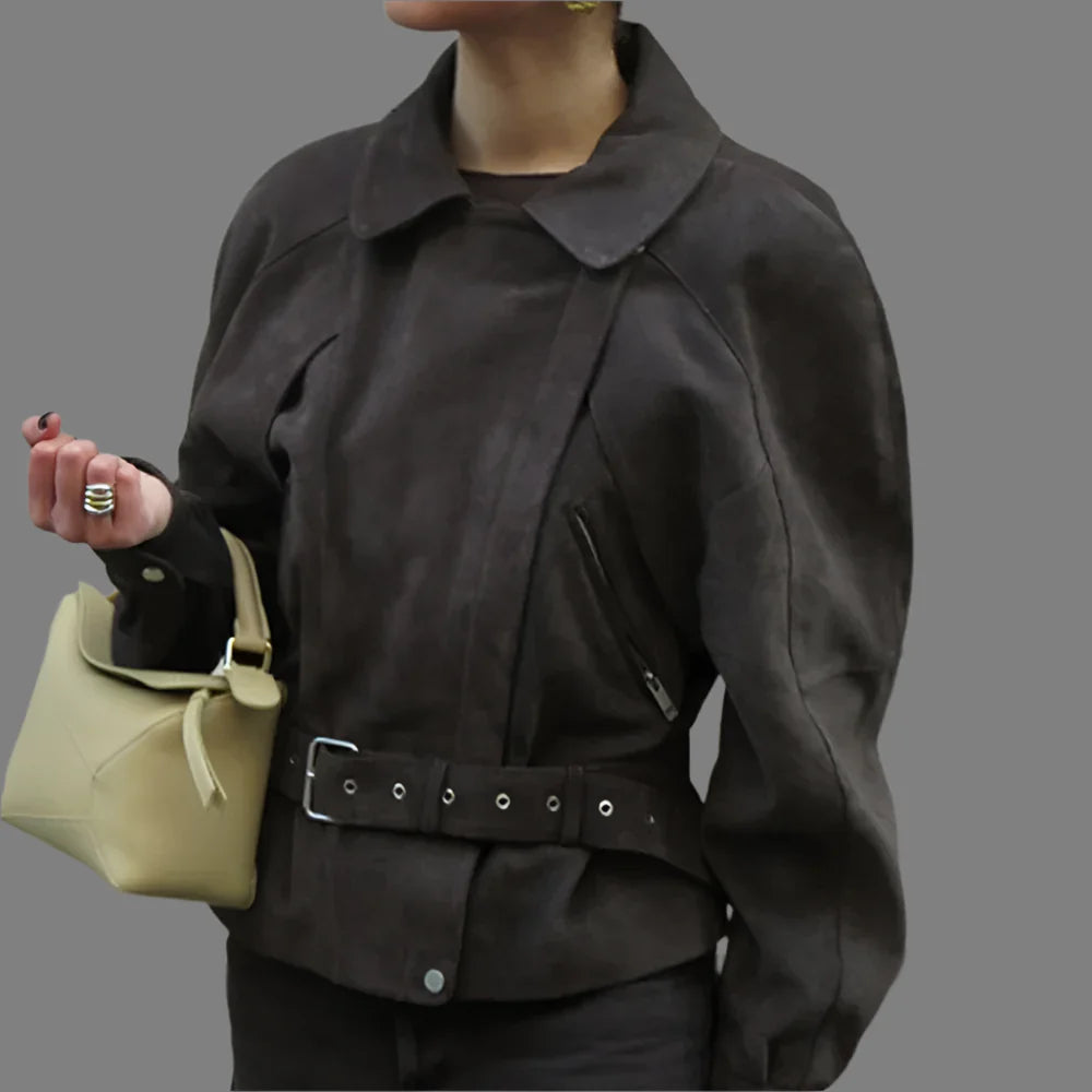 Veste chic à ceinture zippée style motard