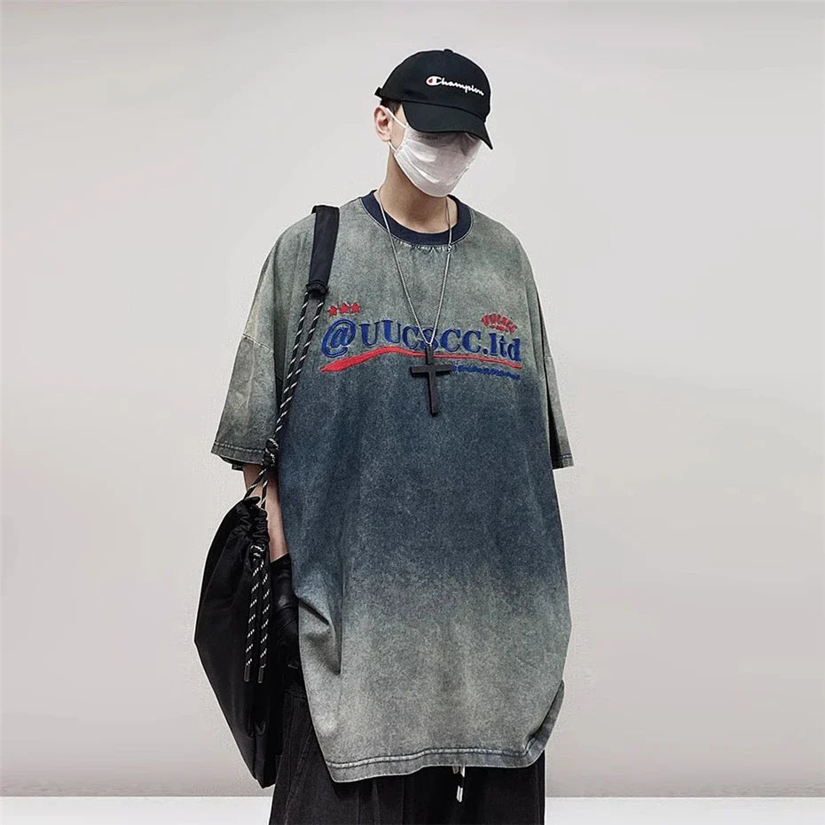 T-shirt vintage en denim brodé style hip-hop