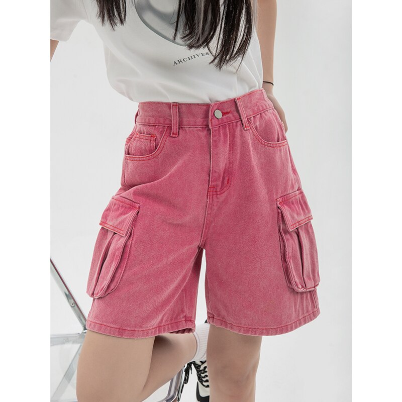 Pinke Jeansshorts mit hohem Bund