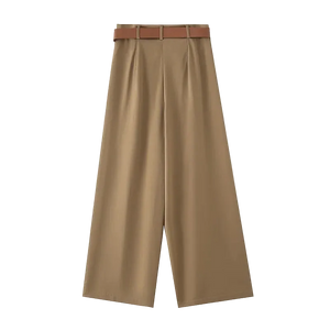 Beige wide-leg pants with a brown belt on a white background
