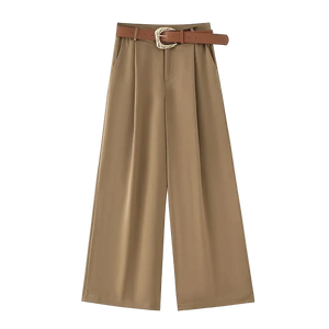 Beige wide-leg pants with a brown belt on a white background