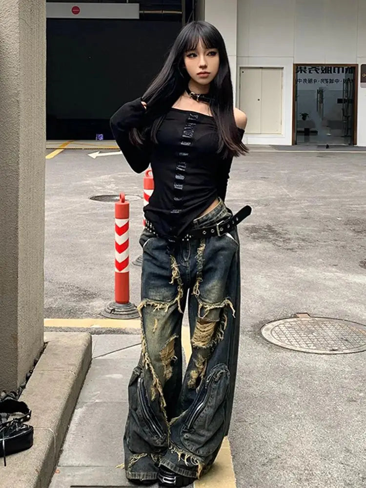 Zerrissene, sexy Vintage-Jeans mit Hohlsaum
