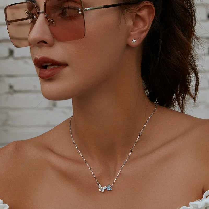Women Cool Blue Zircon Flying Butterfly Necklace