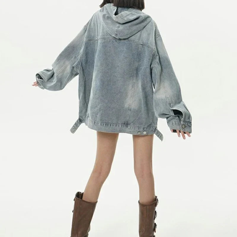 Casual Retro Washed Handsome Denim Hoodie