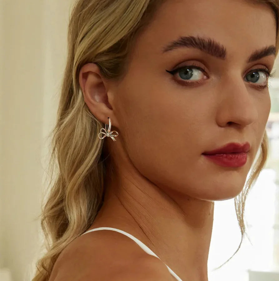 Women Gold Bowknot Hoop Sterling Silver Earrings