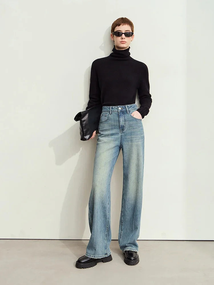 Amii Minimalismus Leder-Kontrast-Jeans