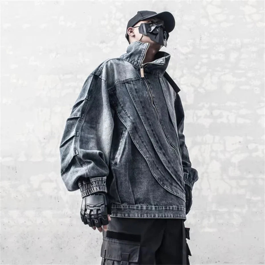 veste en jean bleue à fermeture éclair irrégulière