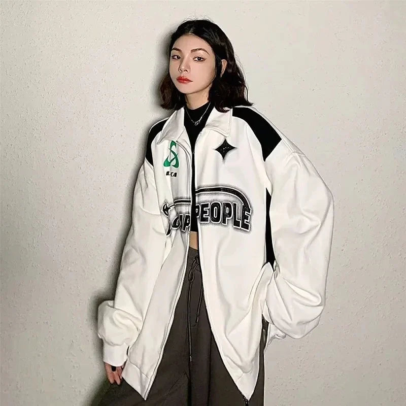 Oversized Vintage Schwarz-Weißes Sweatshirt mit Reißverschluss