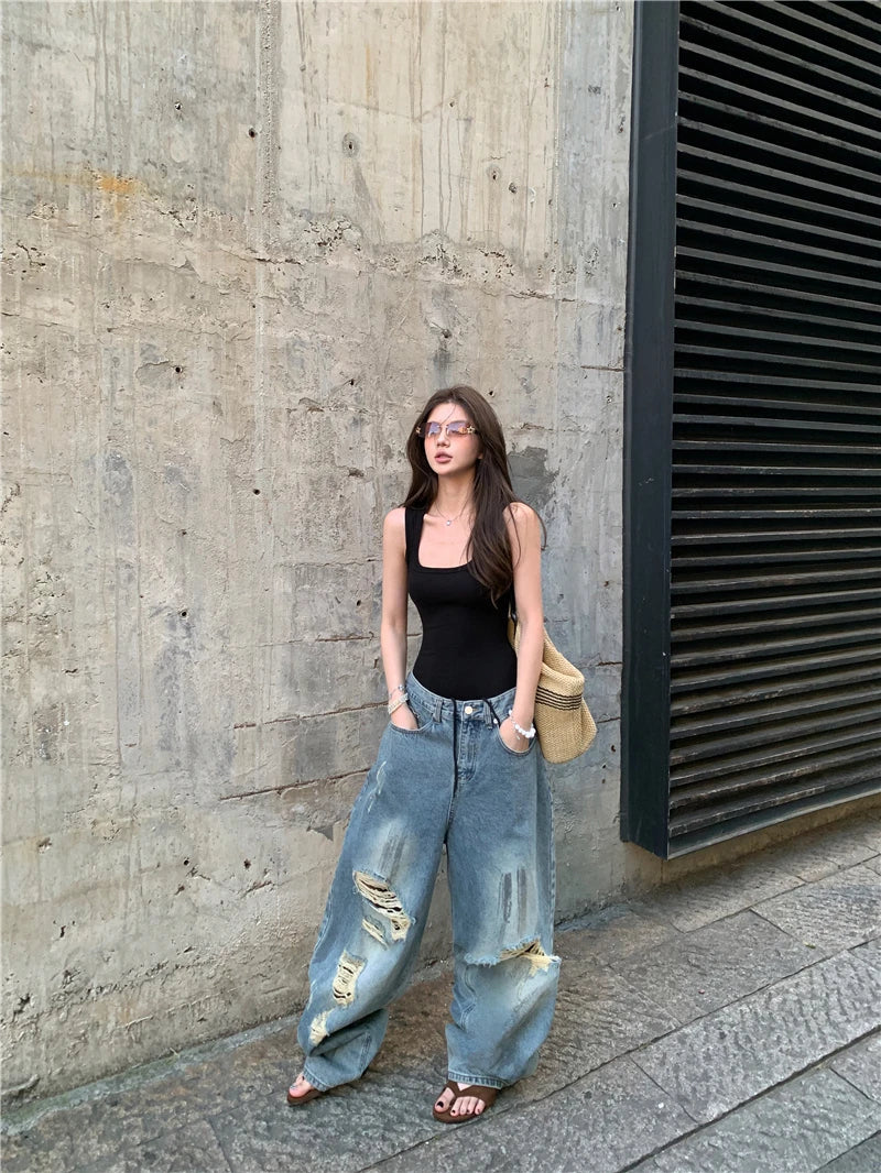 Vintage American Style Retro Ripped Baggy Jeans