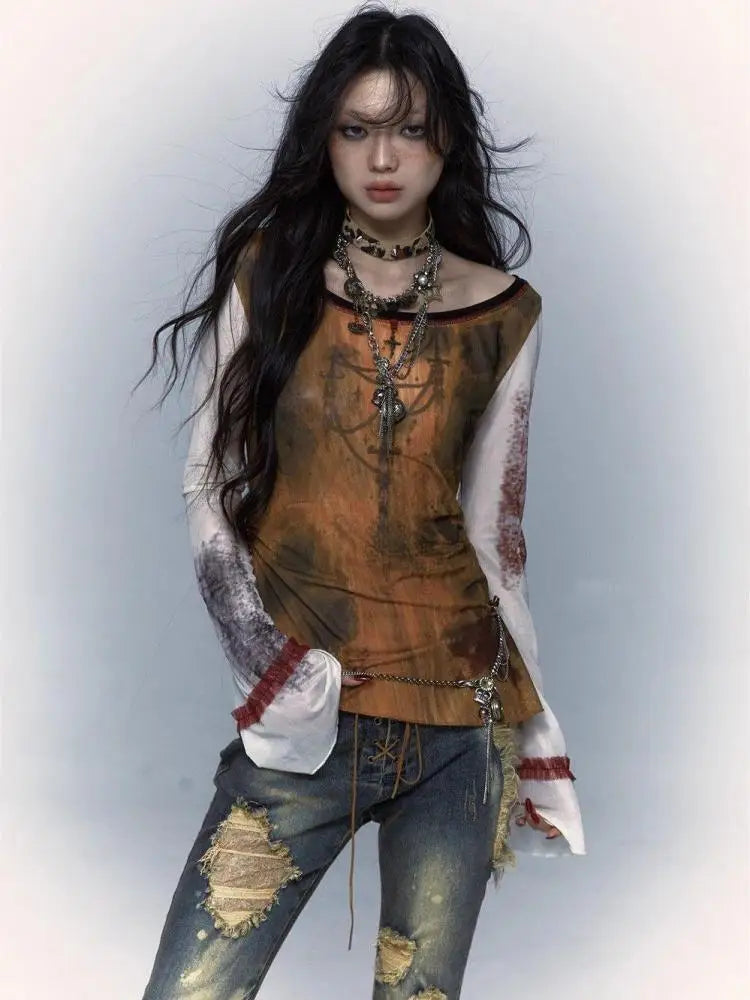 Gothic Patchwork Mesh Langarm-T-Shirt