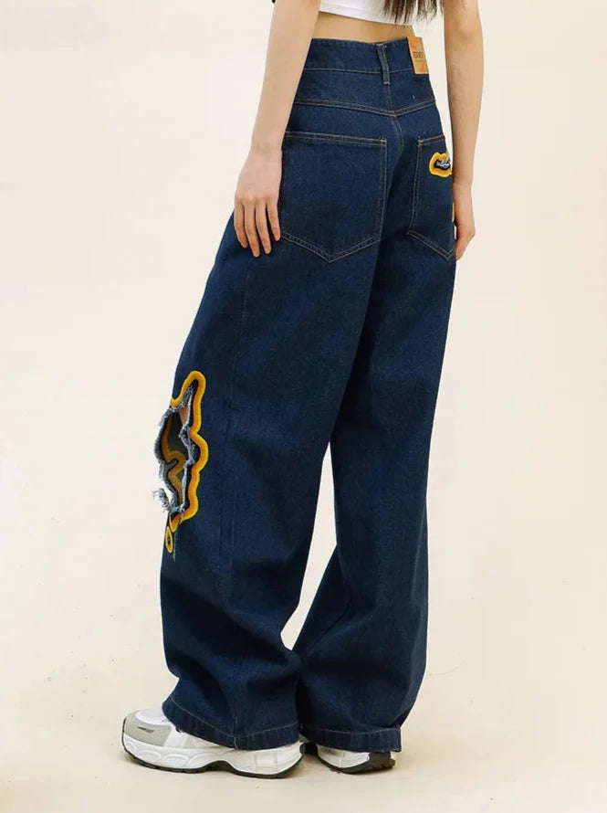 Damen Retro Flame Loose Ripped Jeans