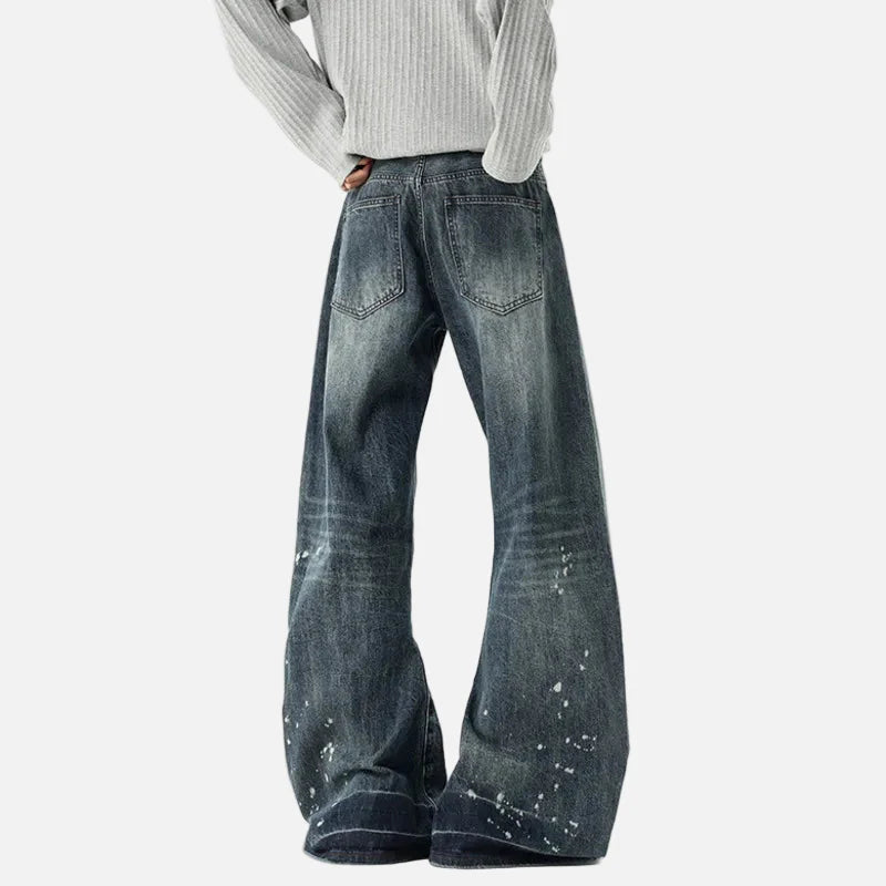Streetwear-Jeans mit Tintenmuster, weitem Bein und gewaschenem Denim