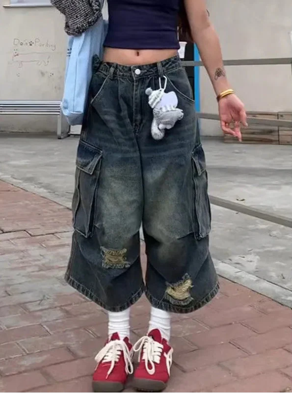 Streetwear Komfort Vintage Blau Verwaschene High Waist Jorts