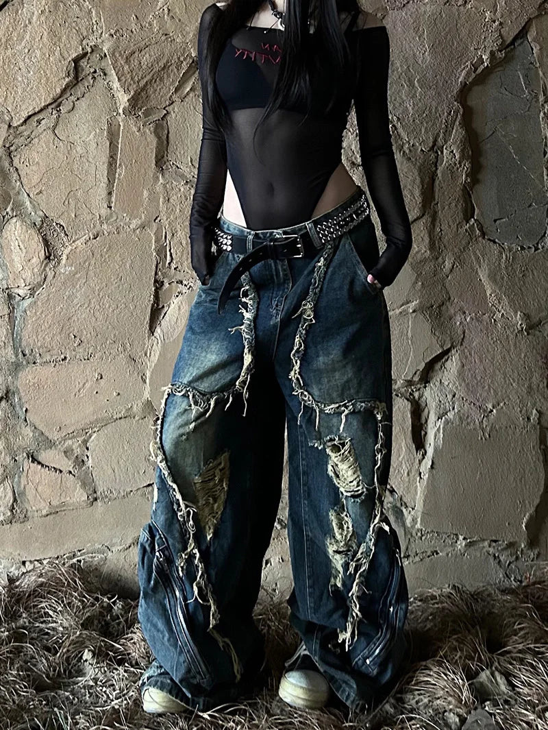 Y2K Damen-Jeans im Used-Look, Baggy-Style