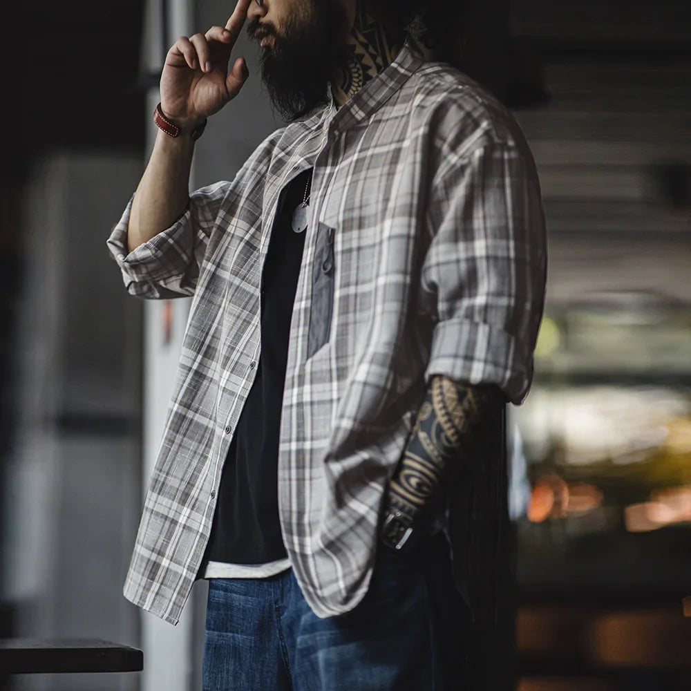 Chemise décontractée à carreaux vintage rétro à col montant