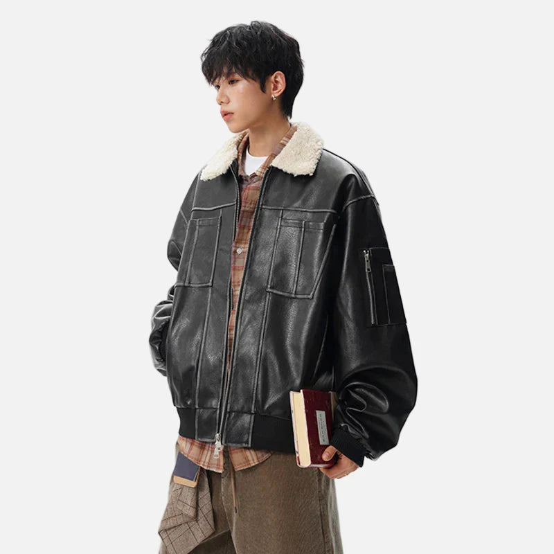 Veste en cuir patchwork rembourrée à col en fausse fourrure