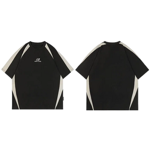 Black t-shirt with white accents on a white background