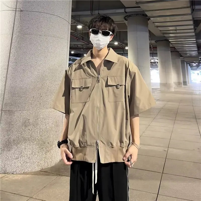 Chemise chic rétro à manches courtes zippées et poches