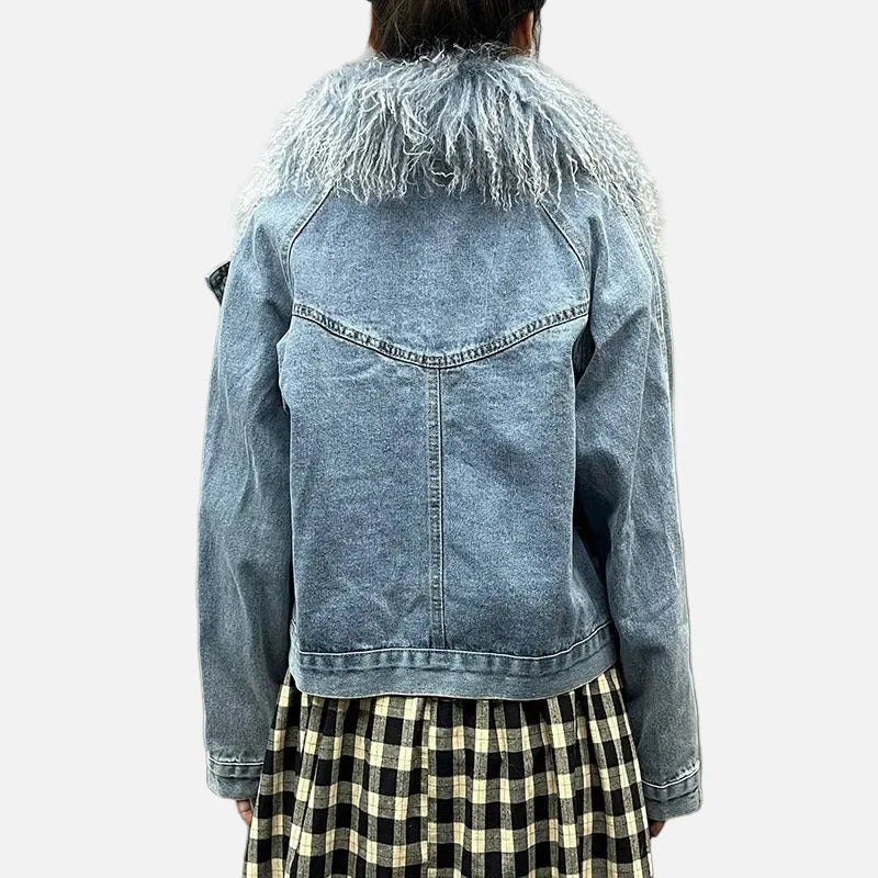 Veste en jean élégante à col en fausse fourrure mongole