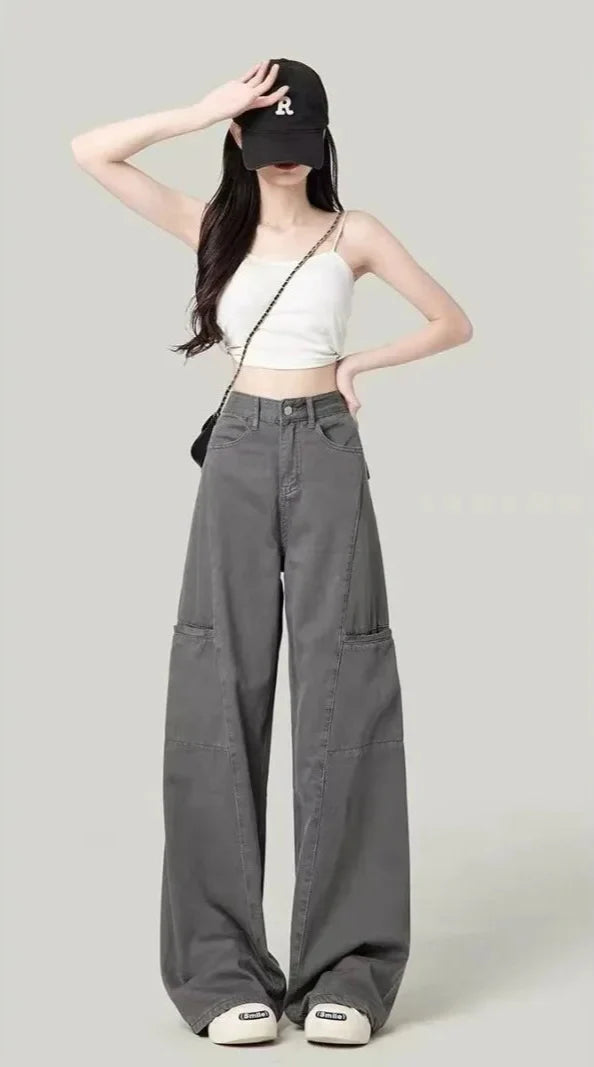 Easy Move High Waist Loose Gray Cargo Pants