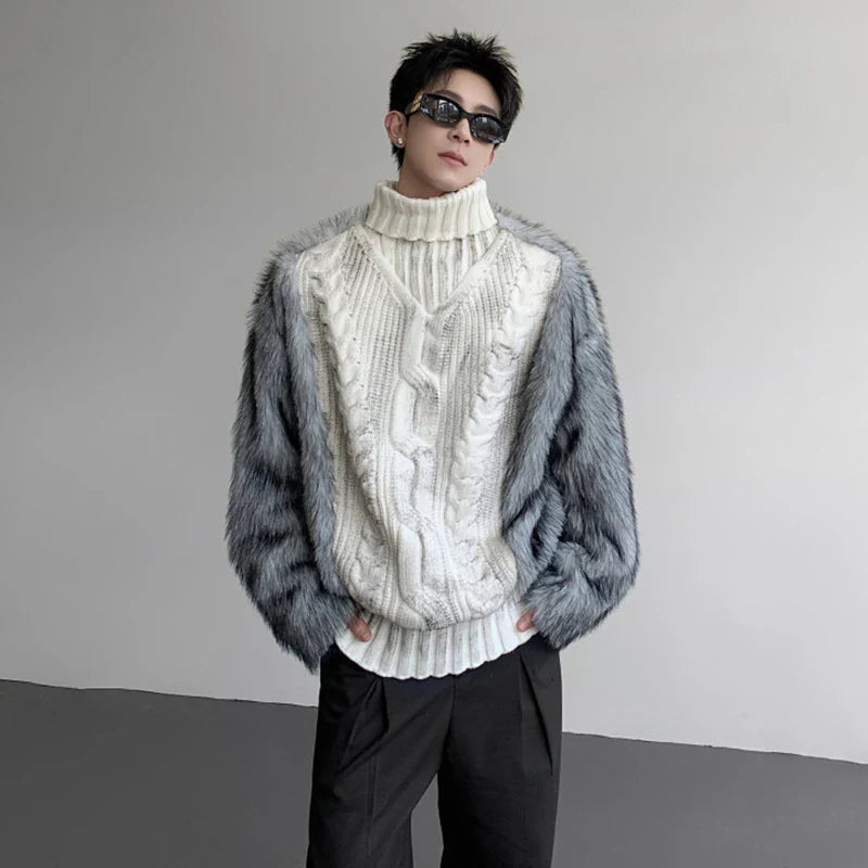 Luxuriöser Rollkragenpullover aus Kunstpelz-Patchwork