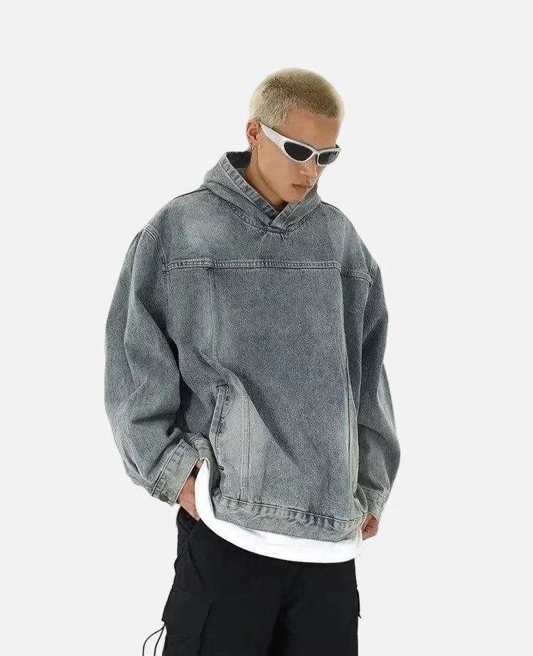 Streetwear American Style Retro Long Sleeve Denim Hoodie