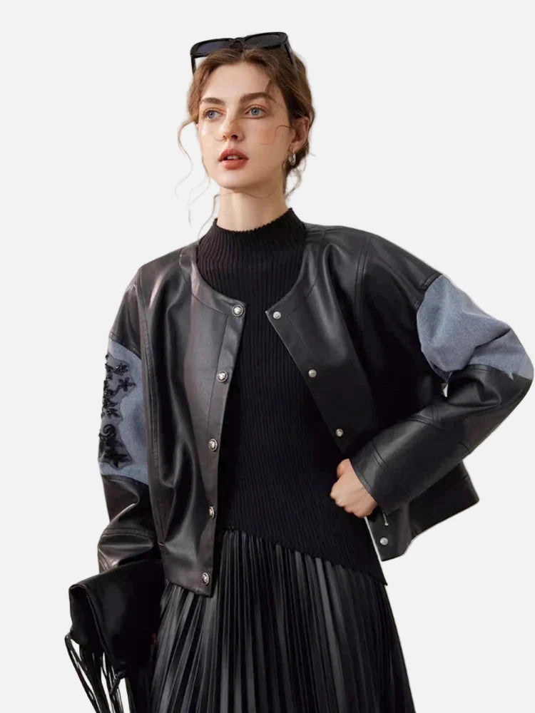 Klassische, lockere schwarze Patchwork-Jacke aus PU-Leder