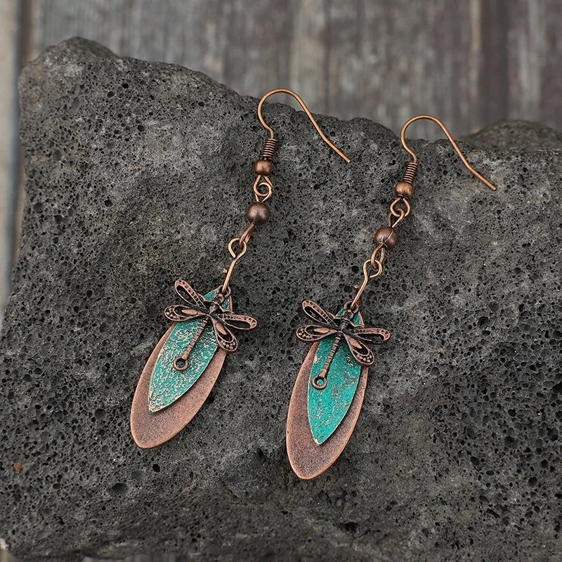 Boho Dragonfly Green Stone Dangle Earring