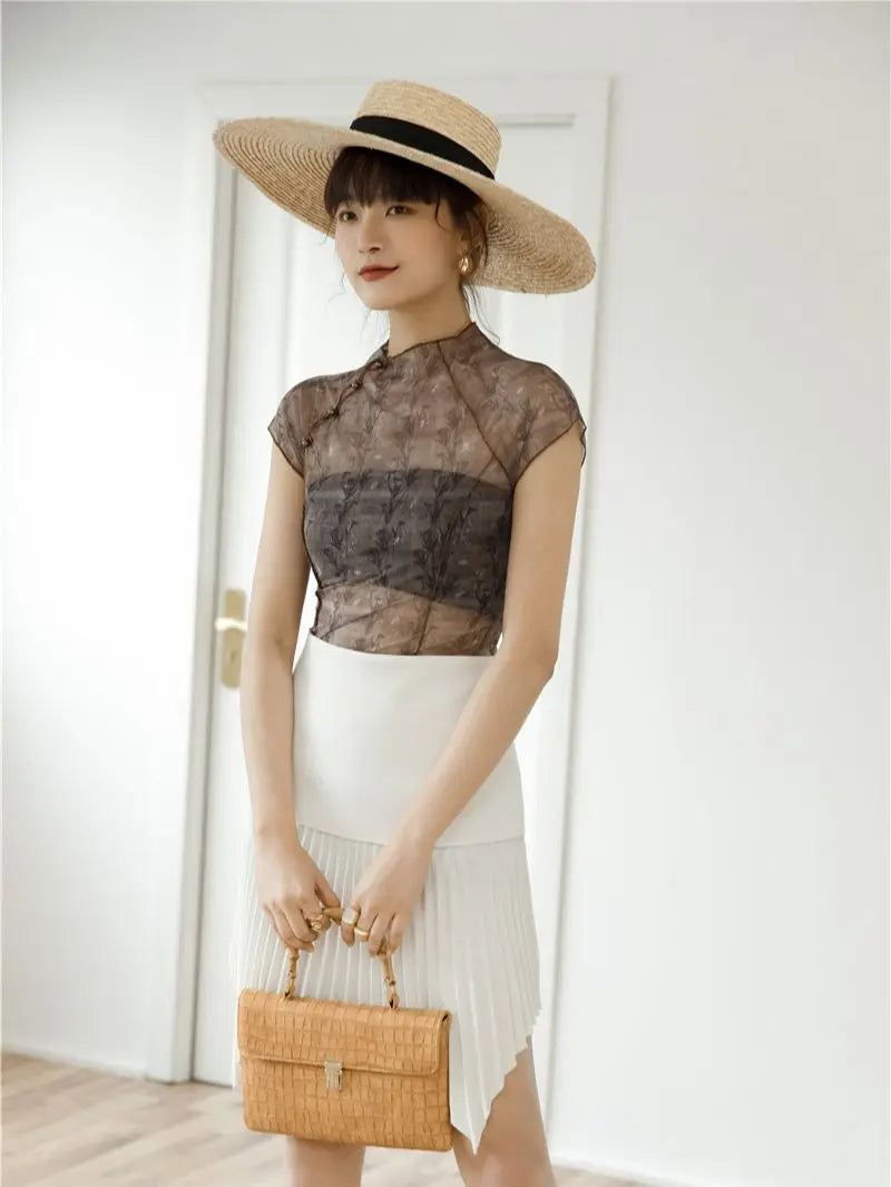 Blouse vintage transparente en maille pour femme
