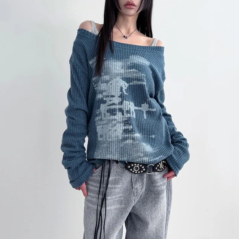 Pull à col asymétrique imprimé graphique vintage