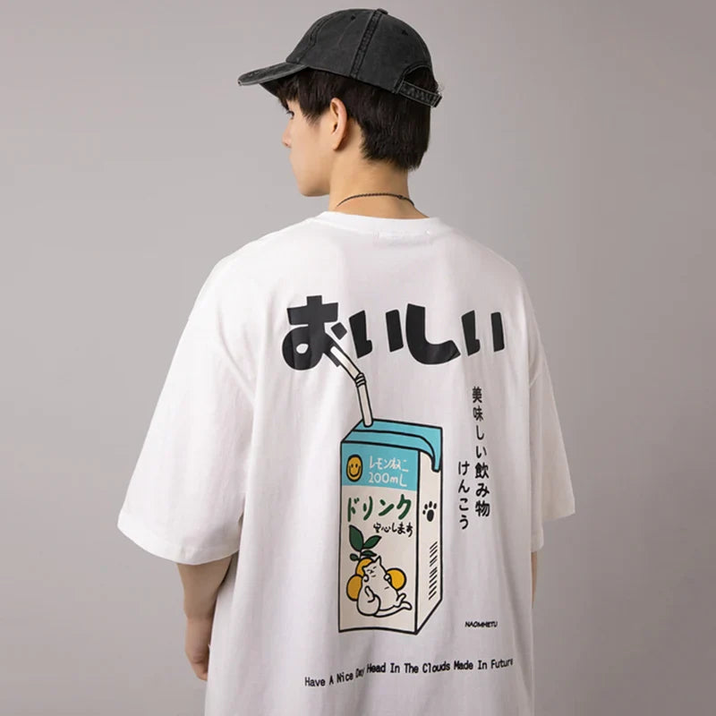 T-shirt oversize brodé de caractères kanji japonais pour boissons