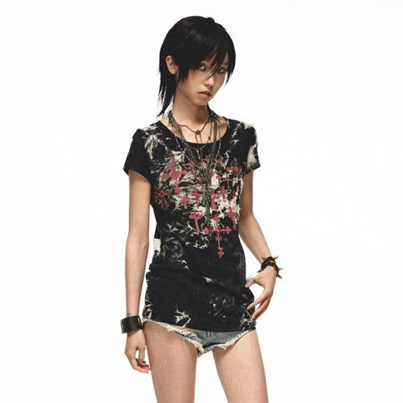 Grunge Y2K Tattoo Print Damen-T-Shirt