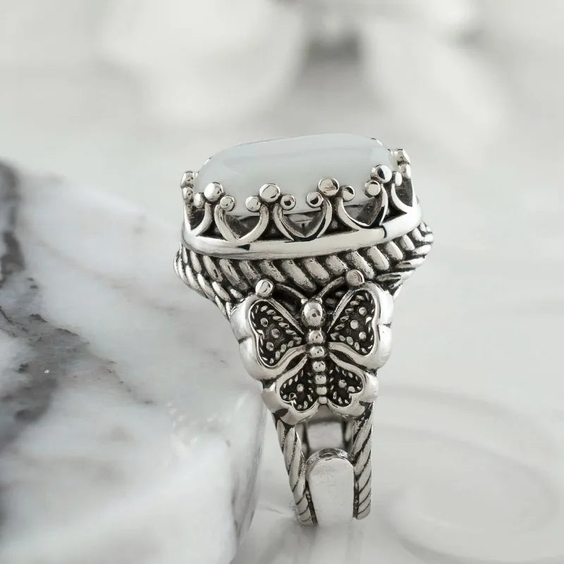 Butterfly White Stone Silver Ring