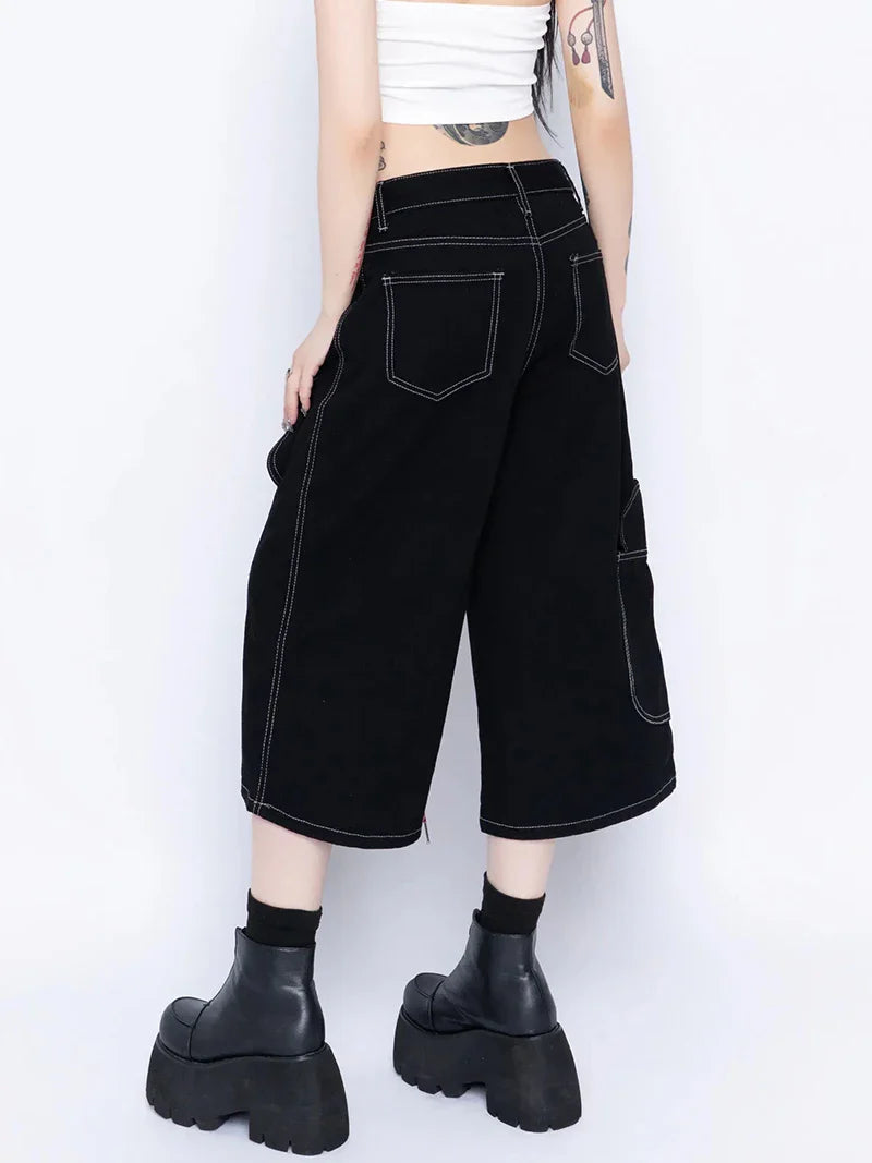 Short en jean patchwork noir rétro à jambes larges