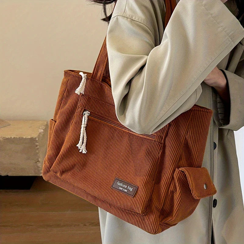 Sac cabas rétro en velours côtelé à poches multiples