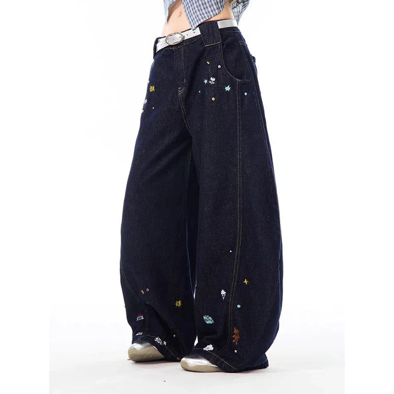 Bequeme Hip-Hop-Jeans mit K-Pop-Cartoon-Print und weitem Bein