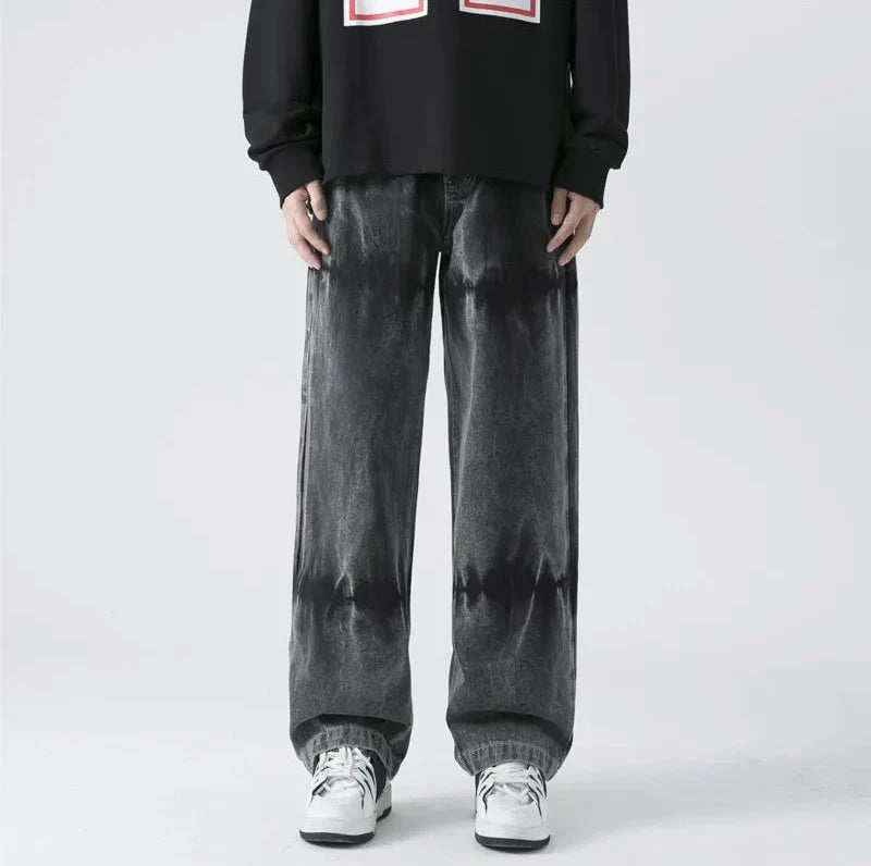 Schwarze Streetwear-Jeans im Batik-Look, gerade geschnitten