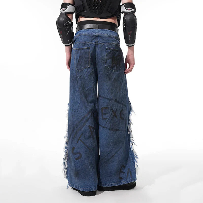 Einzigartige Patchwork-Jeans aus Leder mit bemaltem, weitem Bein