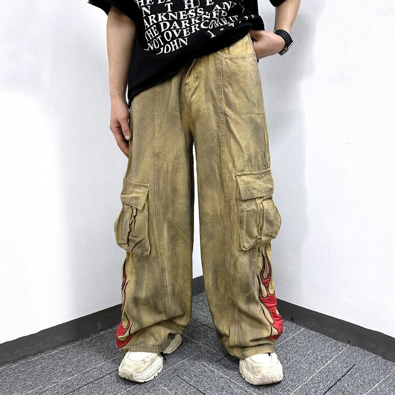 Flame Print Style Tie Dye Cargo Pants