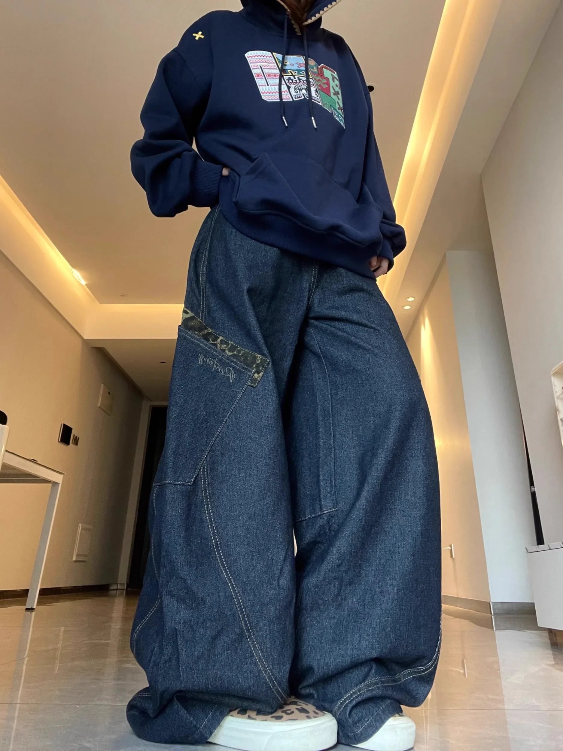 Amerikanischer Stil Blaue Lockere Retro Weite Jeans