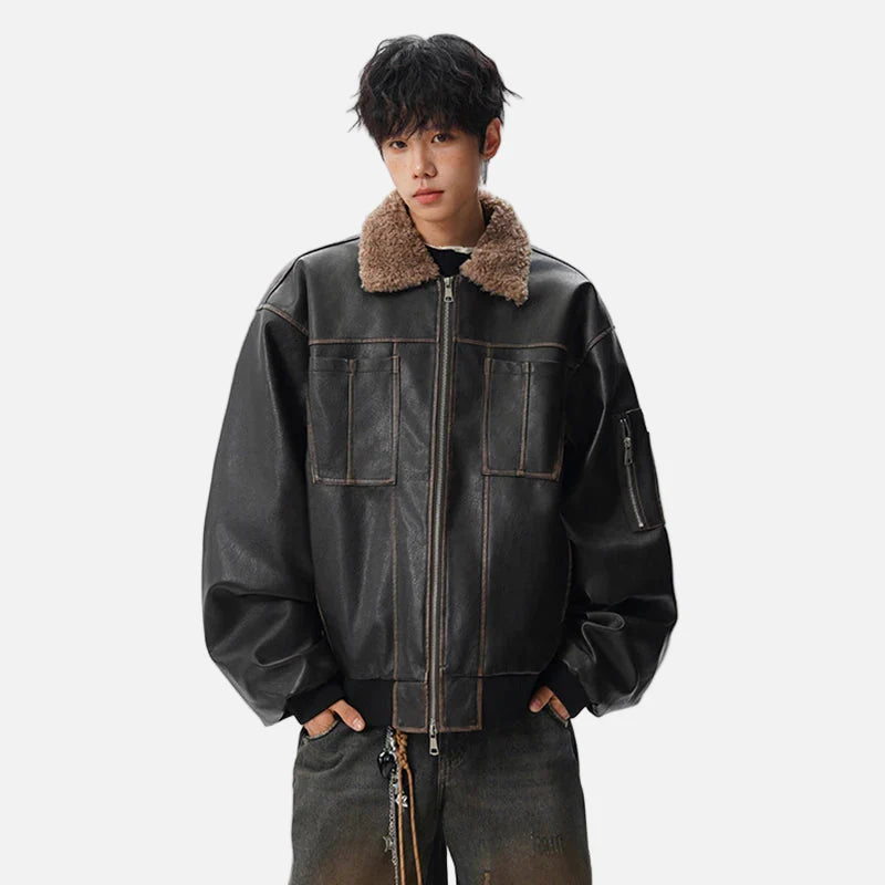 Veste en cuir patchwork rembourrée à col en fausse fourrure