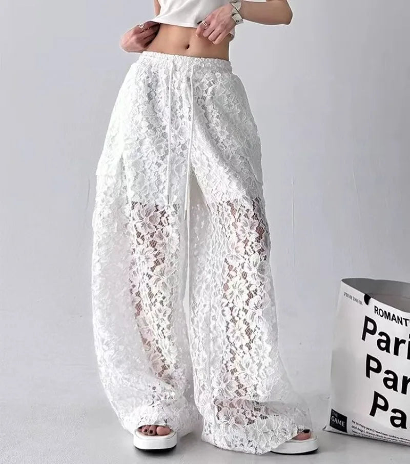 Damen-Hose mit weitem Bein und Spitze, einfarbig, hohl