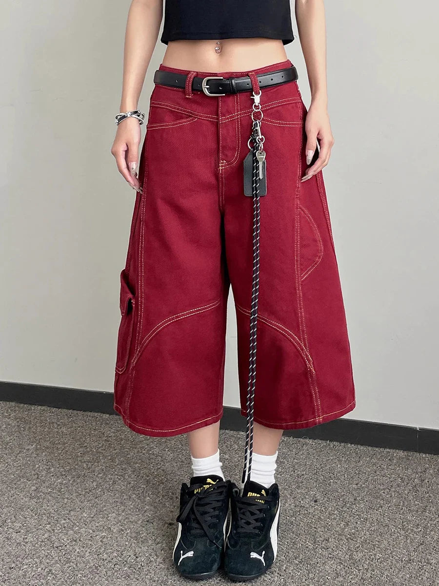 Short cargo patchwork taille haute style hip-hop rétro
