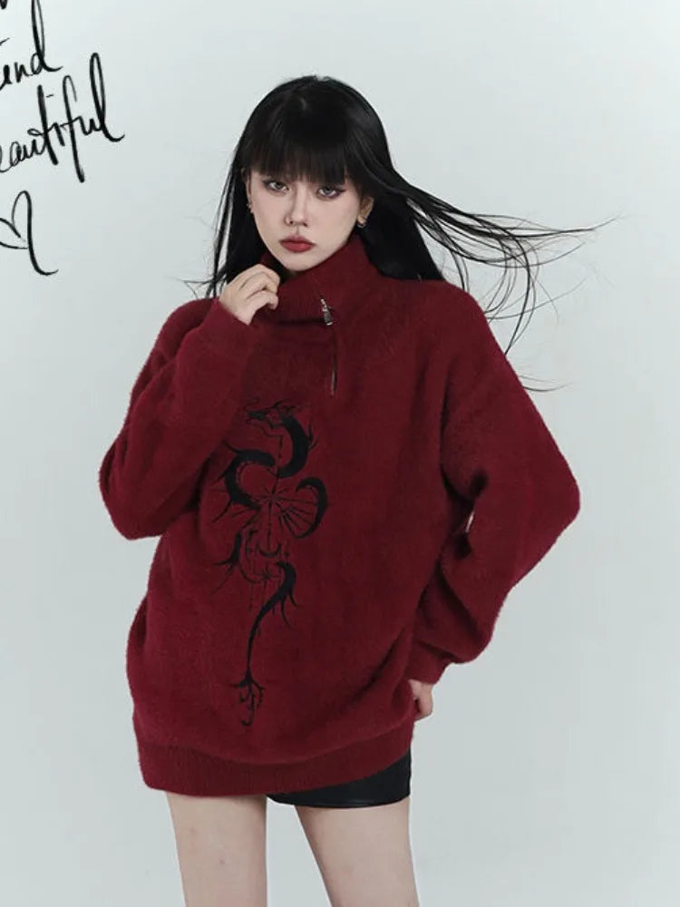 Pull rouge à fermeture éclair style grunge