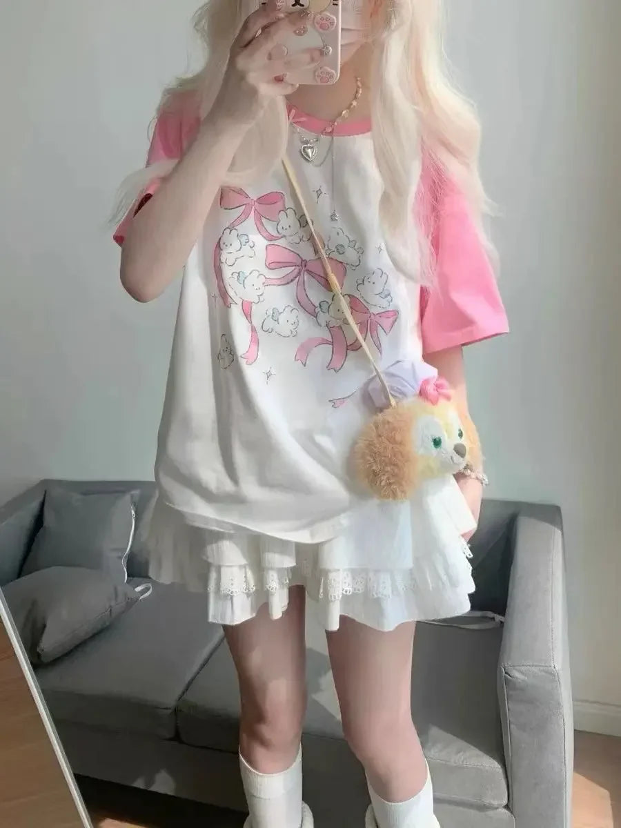 Süßes rosa Kawaii-T-Shirt mit Hasenmotiv