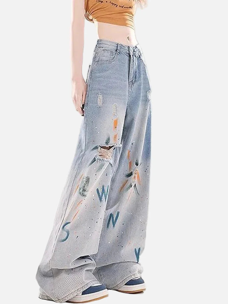Streetwear-Jeans mit Rissen, hohem Bund und weitem Bein