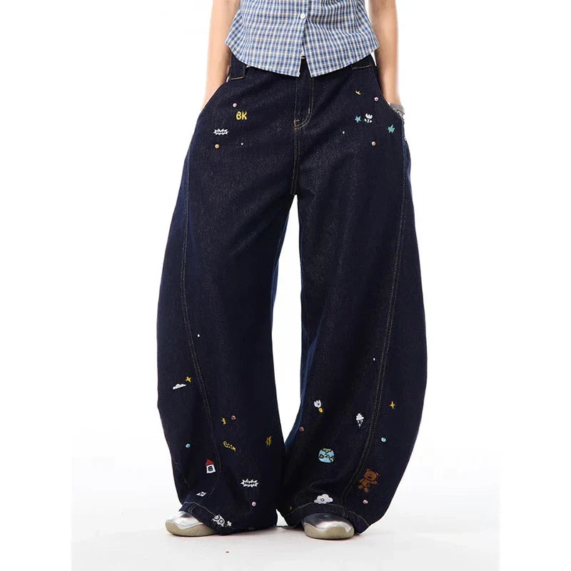 Bequeme Hip-Hop-Jeans mit K-Pop-Cartoon-Print und weitem Bein