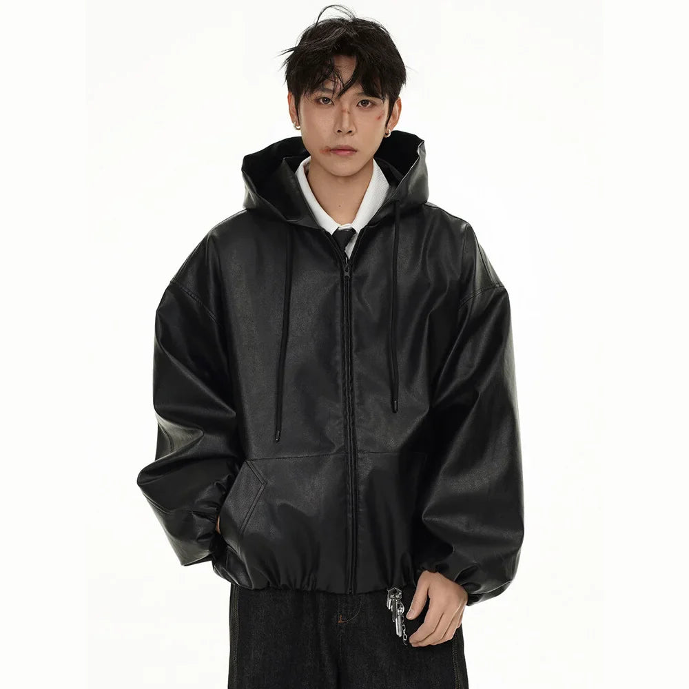 blouson bomber vintage classique à capuche en cuir PU