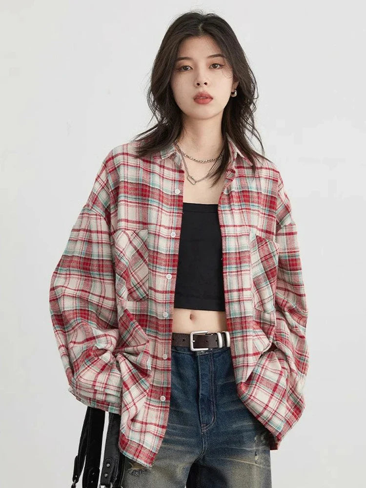 Chemise à carreaux vintage oversize à manches longues pour femme