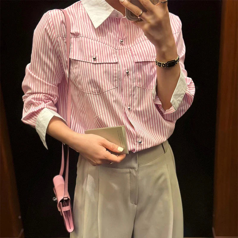 Chemise à manches longues rayée décontractée et chic pour femme
